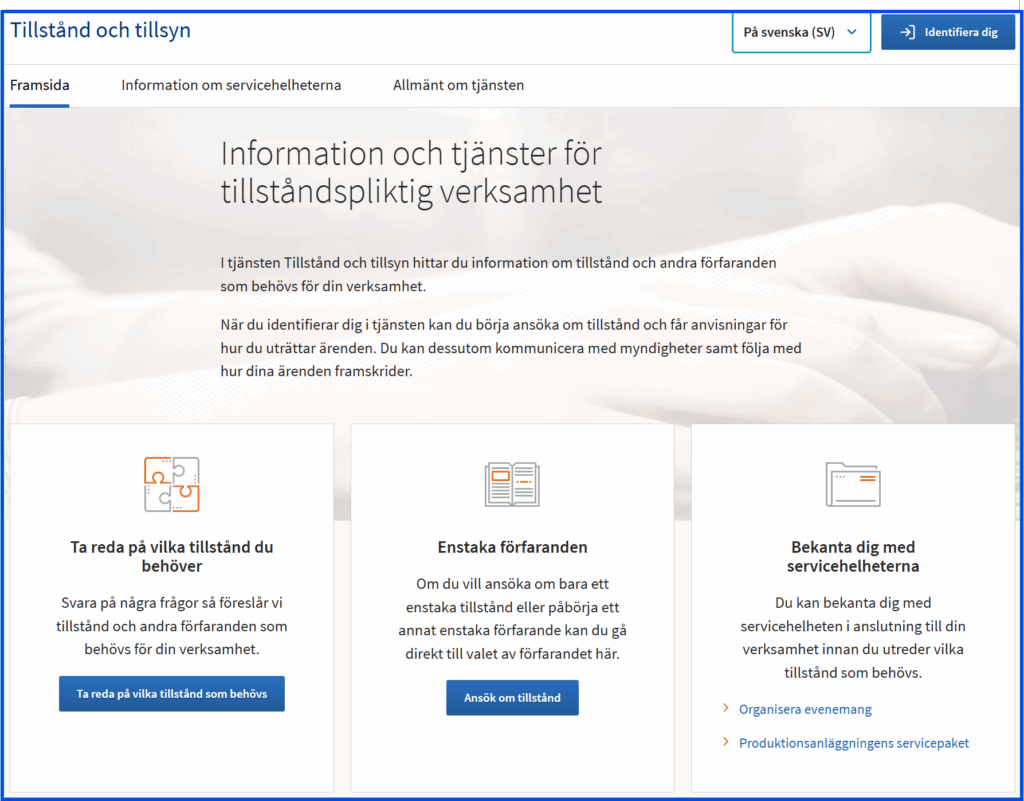 Bild av startsidan till användargränssnittet för kunden i tjänsten tillstånd och tillsyn